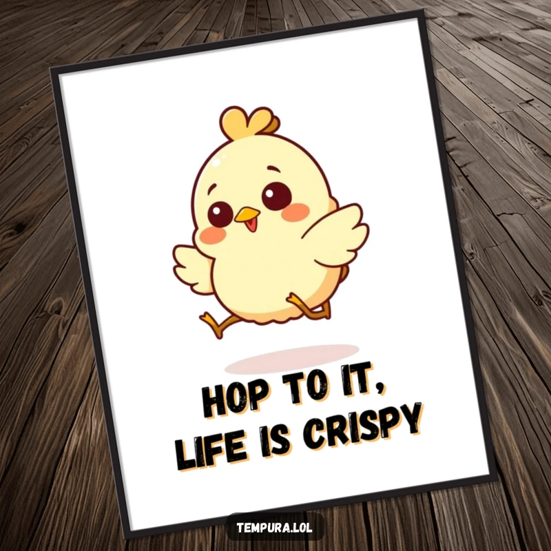 Funny Free Printable Wall Art: Giggling chicken tempura character doing a silly, joyful hop, adding humor to any room.