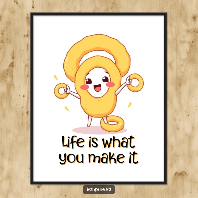 Funny Free Printable Wall Art: A Happy Tempura Onion Ring Character Juggling Smaller Onion Rings