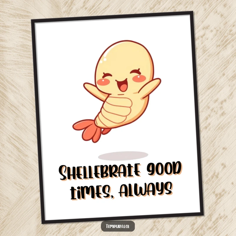 Funny Free Printable Wall Art: A delighted tempura shrimp caught mid-jump, adding a humorous and energetic vibe.
