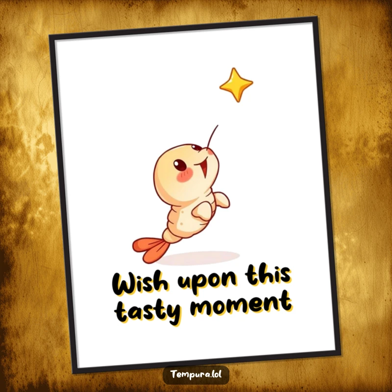 Funny Free Printable Wall Art: Tempura shrimp surprisedly looking up at a falling star, creating a magical scene.