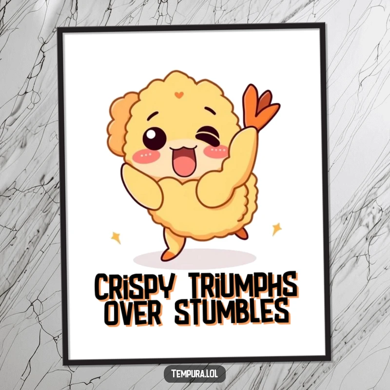 Funny Free Printable Wall Art: A tempura shrimp character hilariously trips over its own crispy coating. Downloadable quirky decor.