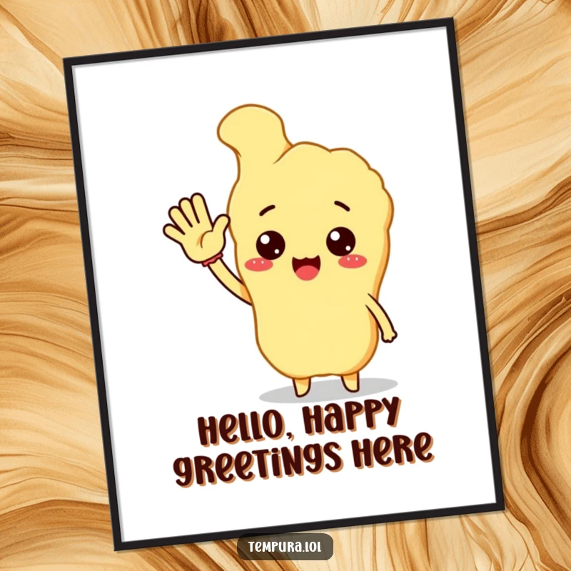 Funny free printable wall art of a beaming tempura character enthusiastically waving hello, radiating warmth and cheerful energy.