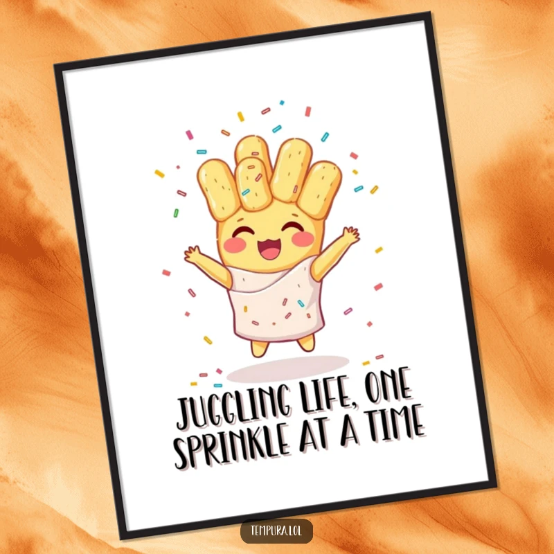 Funny Free Printable Wall Art: Tempura character energetically juggling a rainbow of delicious-looking sprinkles.