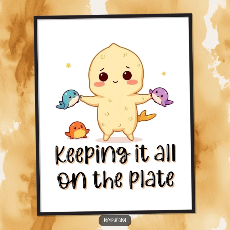 Funny Free Printable Wall Art capturing a tempura character's impressive juggling act with three small sea creatures, ideal for a fun atmosphere.