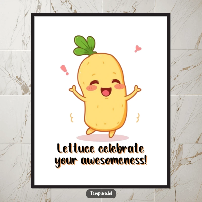 Funny Free Printable Wall Art of a tempura vegetable character happily wiggling, adding a vibrant, playful touch to decor.
