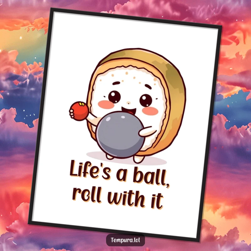 Funny Free Printable Wall Art: A grinning Kawaii sushi roll joyfully bounces a ball. Whimsical and downloadable decor.