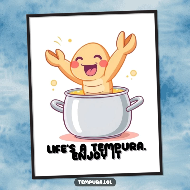 Funny Free Printable Wall Art: A tempura shrimp character joyfully leaping out of a cooking pot, exuding delicious energy.