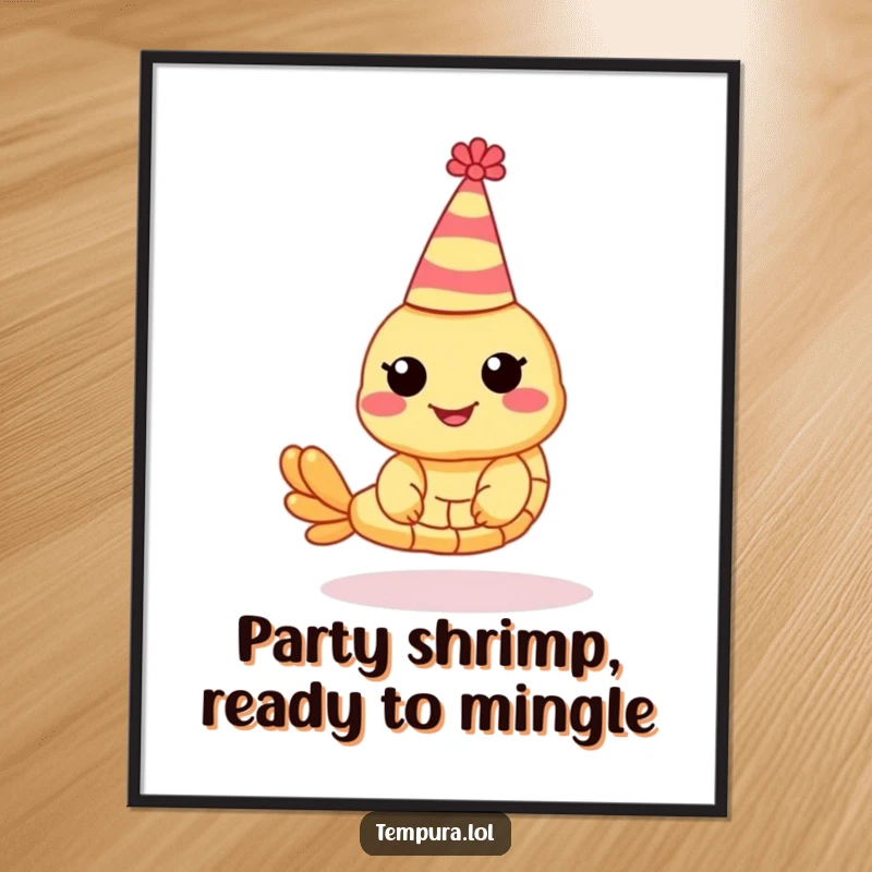 Funny Free Printable wall art of a tempura shrimp character joyfully wearing a party hat, ready to celebrate.