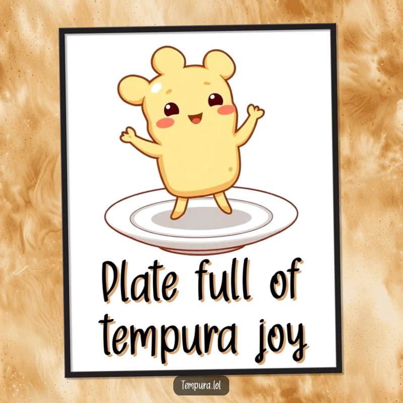 Funny Free Printable Wall Art of a tempura piece happily doing a little jig on a plate, full of festive energy.