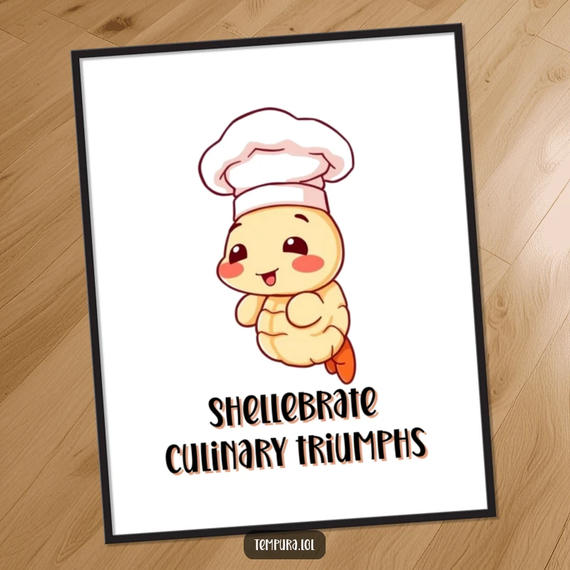 Funny Free Printable Wall Art featuring a tempura shrimp in a tiny chef hat, exuding culinary confidence and humor.