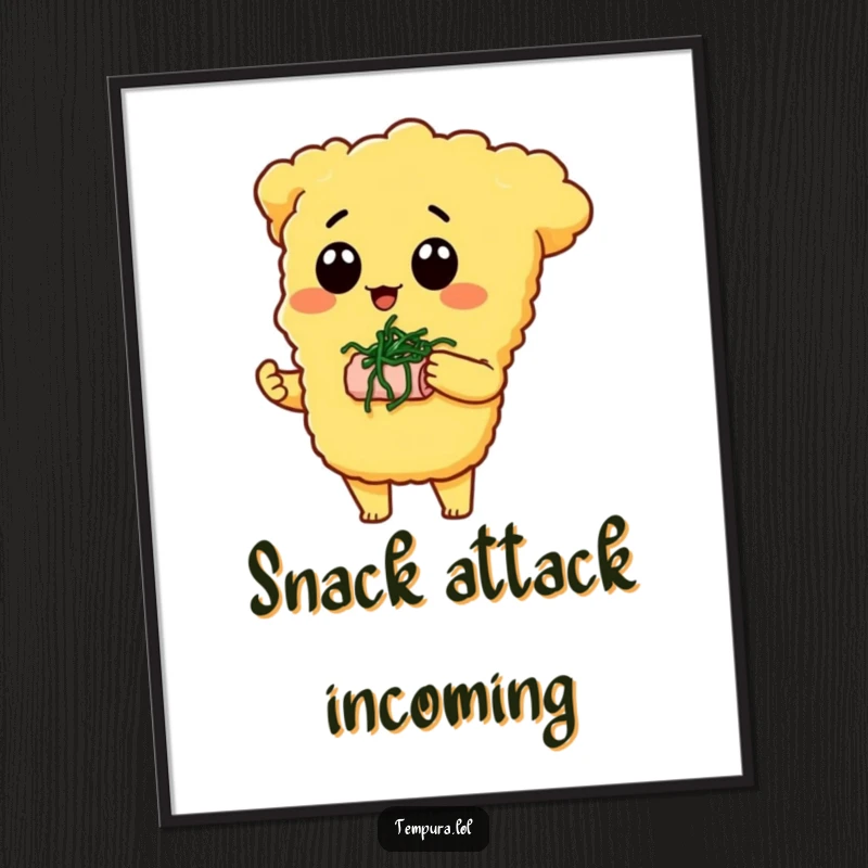 Funny Free Printable Wall Art showing a cute tempura character offering a tiny seaweed snack with a smile.