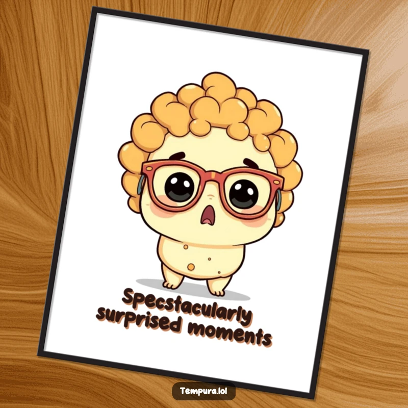 Funny free printable wall art of a tempura character wearing comically large, silly glasses, with a look of utter, hilarious surprise.