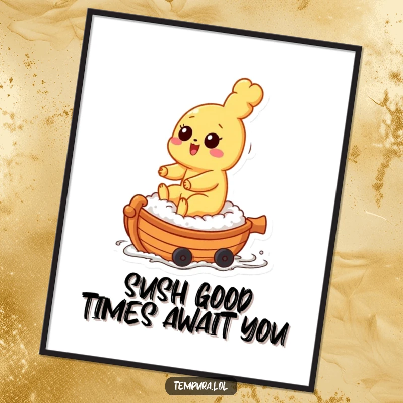 Funny Free Printable Wall Art of a tempura character embarking on a playful ride atop a small, rolling sushi boat, creating a whimsical scene.