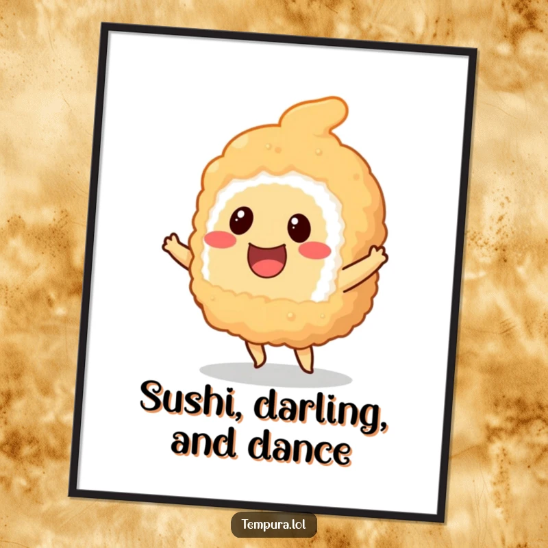 Funny Free Printable Wall Art: A smiling tempura sushi piece is joyfully dancing, adding a playful vibe to your decor.