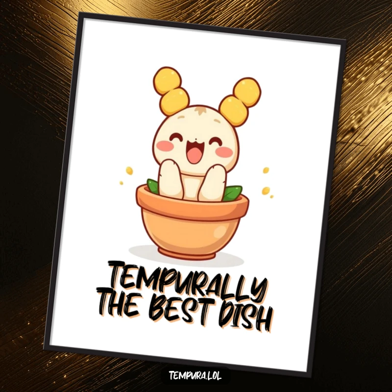 Funny Free Printable Wall Art: A cheerful piece of tempura is depicted jumping into a small pot.