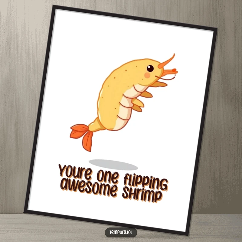 Funny Free Printable Wall Art of a tempura shrimp performing an energetic cartwheel, showcasing culinary fun.