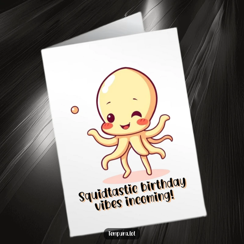 Funny Free Printable Birthday Card: A cheerful tempura squid bustin' a move with bubbly dance, ready to party.