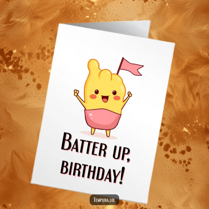 Funny Free Printable Birthday Card: A tempura character enthusiastically waves a tiny flag, celebrating a birthday with zest.