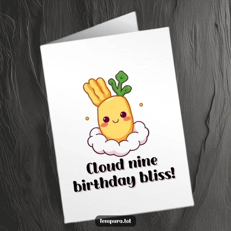 Funny Free Printable Birthday Card: A tempura vegetable character smiles serenely while floating on a fluffy cloud. Downloadable charm.
