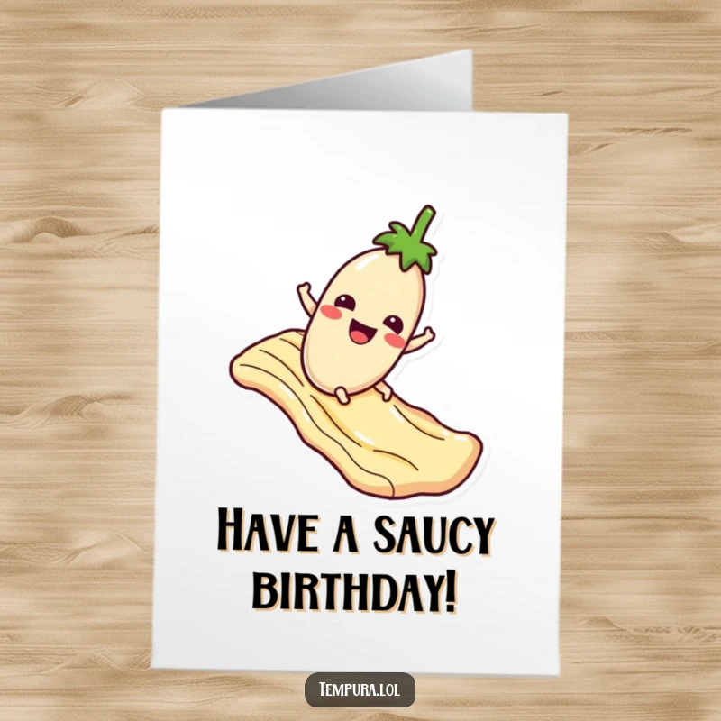Funny Free Printable Birthday Card: Eggplant Character Gleefully Sliding Down Sauce, Celebratory Design