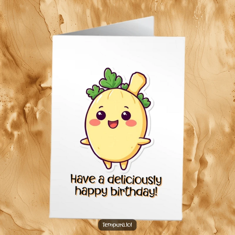 Funny Free Printable Birthday Card: A beaming tempura vegetable character radiating happiness, perfect for birthday wishes.