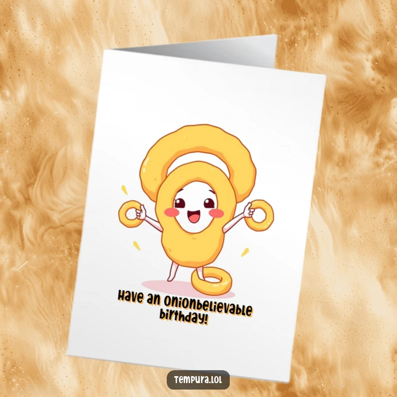 Funny Free Printable Birthday Card: Happy Tempura Onion Ring Juggling Smaller Rings, Festive Design