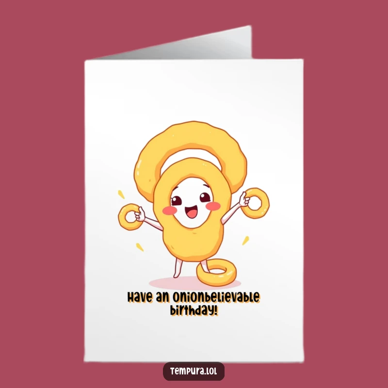 Free Printable Birthday Card: Juggling Onion Rings Funny Downloadable Gift