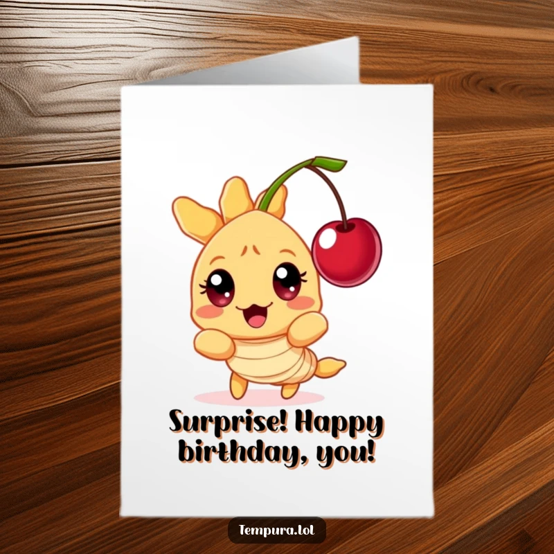 Funny Free Printable Birthday Card of a tempura shrimp character with wide, surprised eyes reacting to a suddenly floating cherry.