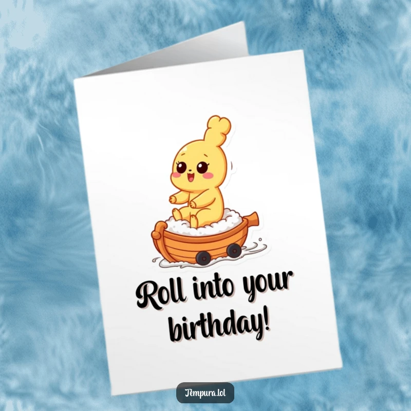 Funny Free Printable Birthday Card showing a tempura character joyfully riding a small, rolling sushi boat, embarking on a culinary adventure.