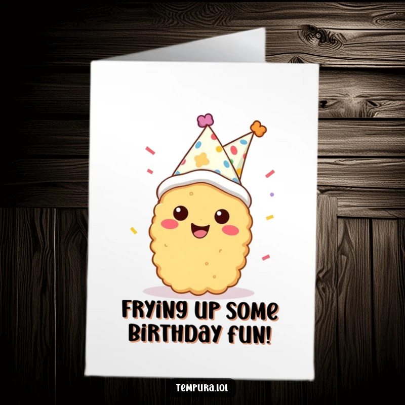 Funny Free Printable Birthday Card featuring a smiling tempura character in a party hat, surrounded by confetti, ready to party.
