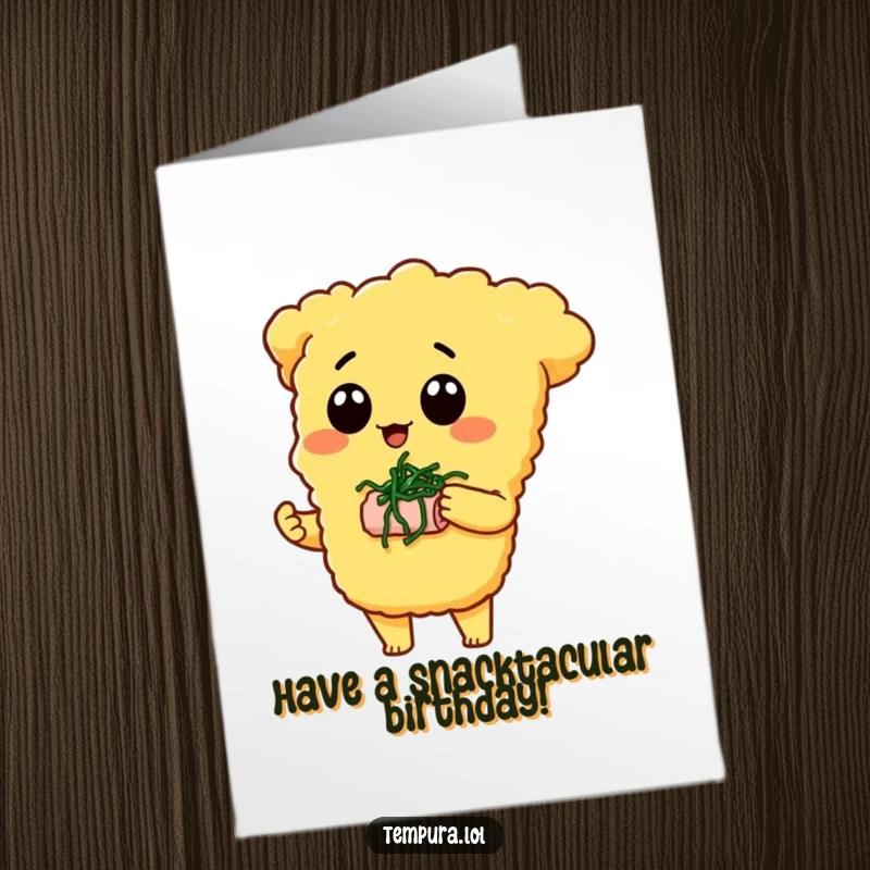 Funny Free Printable Birthday Card showing a cute tempura character offering a tiny seaweed snack.