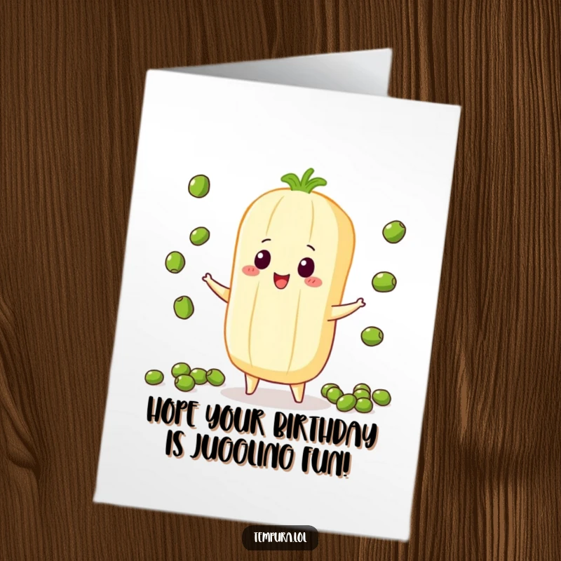 Funny Free Printable Birthday Card: A tempura vegetable character skillfully juggling small peas, celebrating a lively birthday.