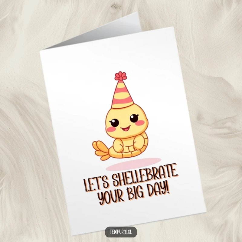 Funny Free Printable birthday card depicting a tempura shrimp wearing a colorful party hat, ready to celebrate.