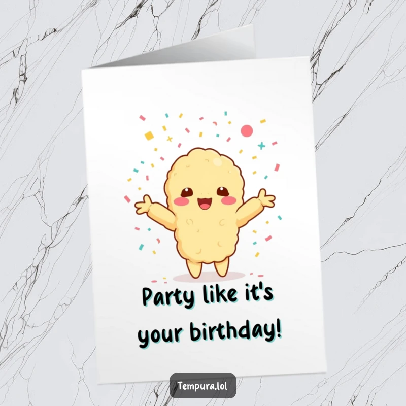 Funny Free Printable Birthday Card: Kawaii Tempura Shrimp Embracing Confetti Shower