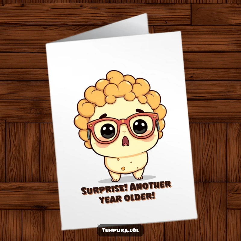 Funny free printable birthday card showing a tempura character with oversized, goofy glasses, eyes wide with comical surprise and birthday excitement.