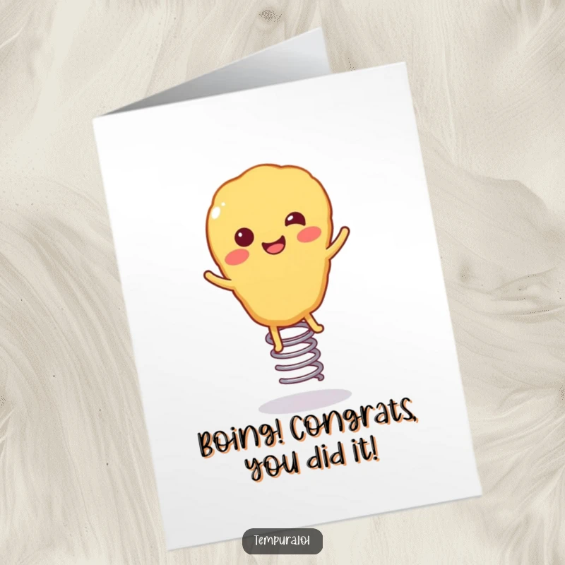 Funny Free Printable Congratulations Card featuring a smiling tempura character with legs bouncing energetically on a spring celebrating success.