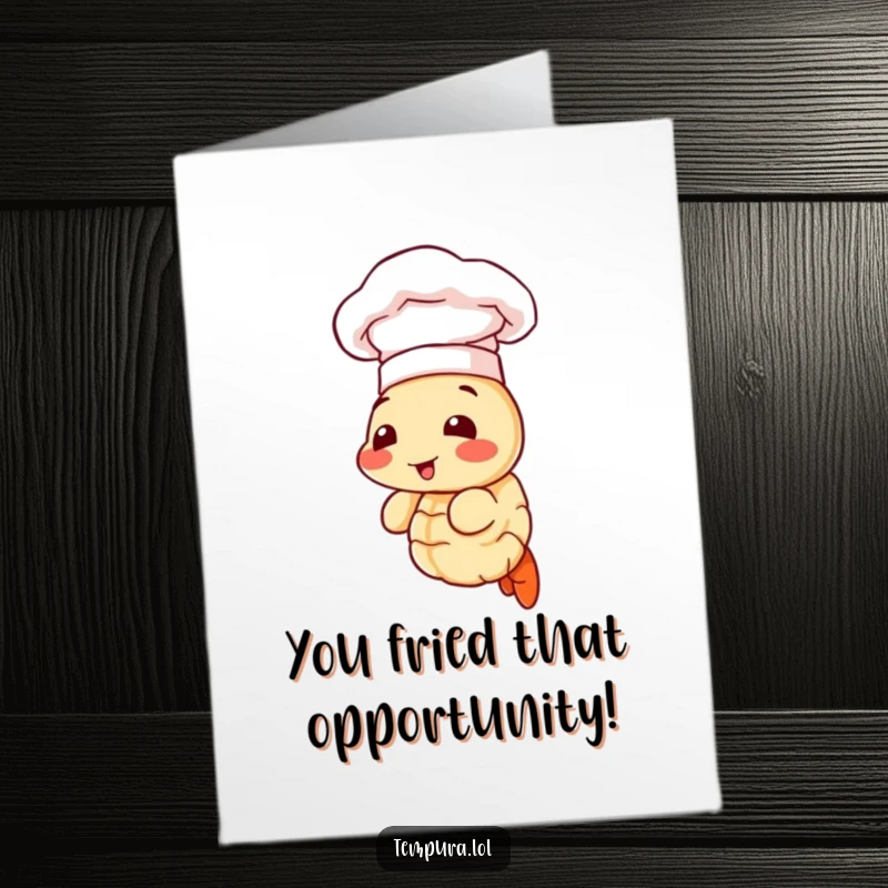 Funny Free Printable Congratulations Card showcasing a tempura shrimp sporting a tiny chef hat, celebrating a major accomplishment.
