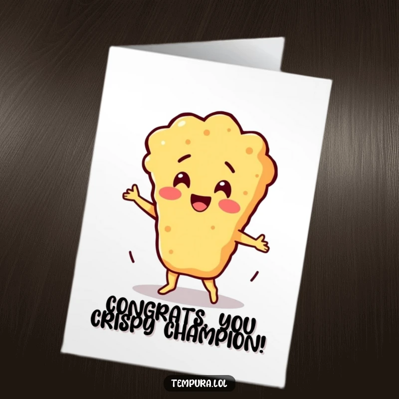 Funny Free Printable Congratulations Card showing a tempura batter character doing a silly dance, celebrating achievements with flair.