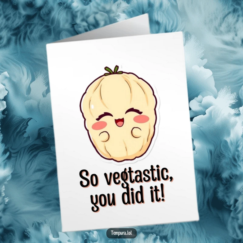 Funny Free Printable Congratulations Card: A tempura vegetable with eyes closed in glee, celebrating a wonderful achievement.