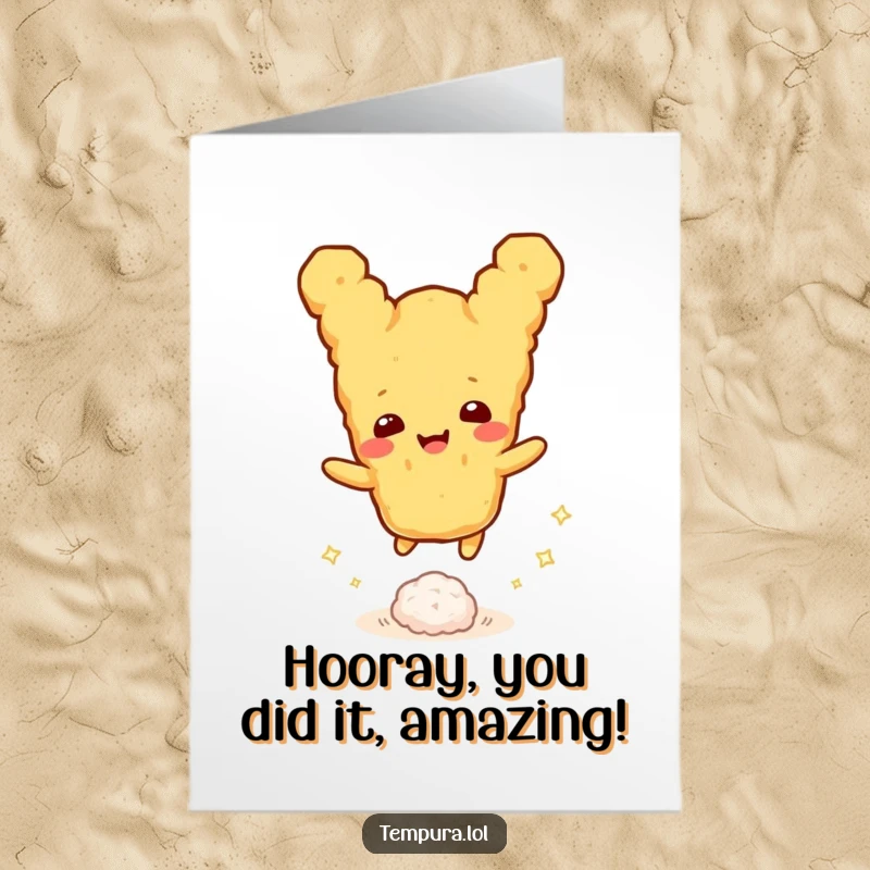 Funny Free Printable Congratulations Card showing a gleeful tempura character in motion, bouncing a tiny, sparkling rice ball with pure delight.