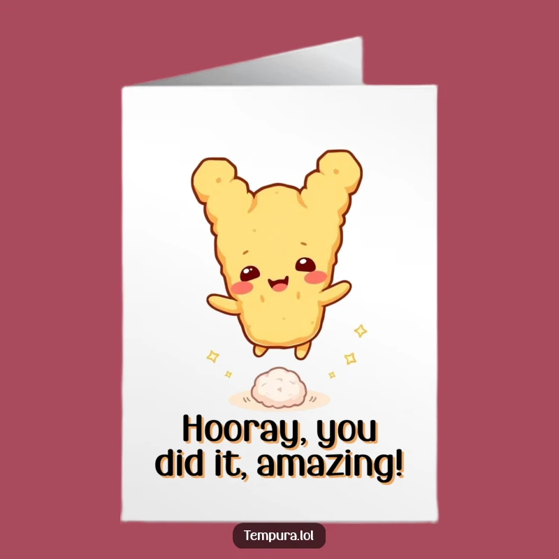 Free Printable Congrats Card: Bouncing Rice Ball Tempura, Humorous Downloadable Gift for Triumphs
