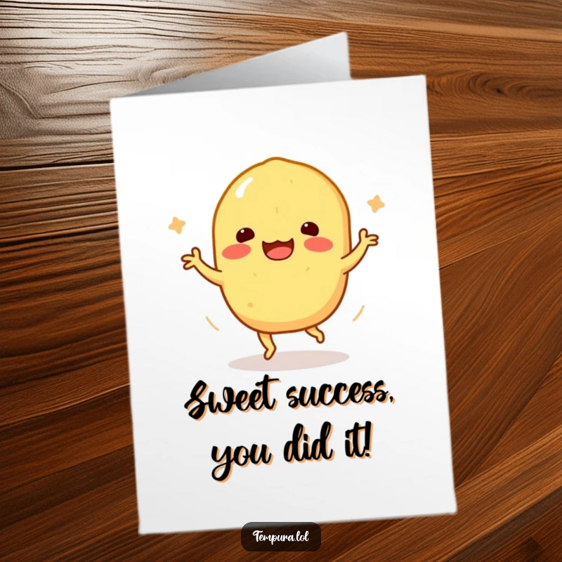 Funny Free Printable congratulations card featuring a sweet potato tempura character in a cheerful, celebratory happy dance.