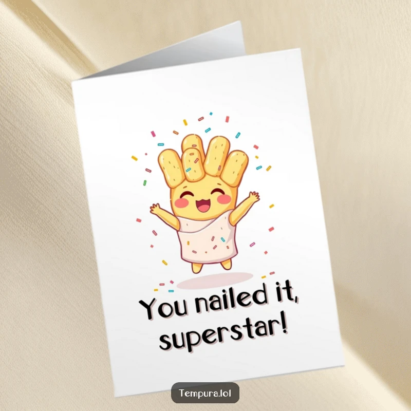 Funny Free Printable Congrats Card: Tempura character joyfully juggling a vibrant cascade of sprinkles.