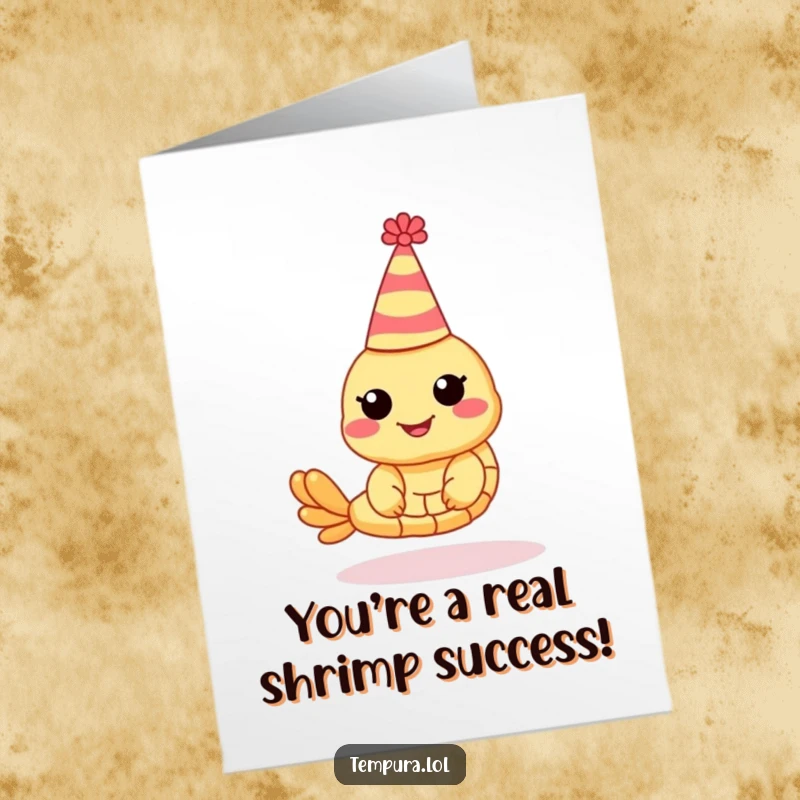 Funny Free Printable congratulations card featuring a tempura shrimp wearing a jaunty party hat, celebrating success.