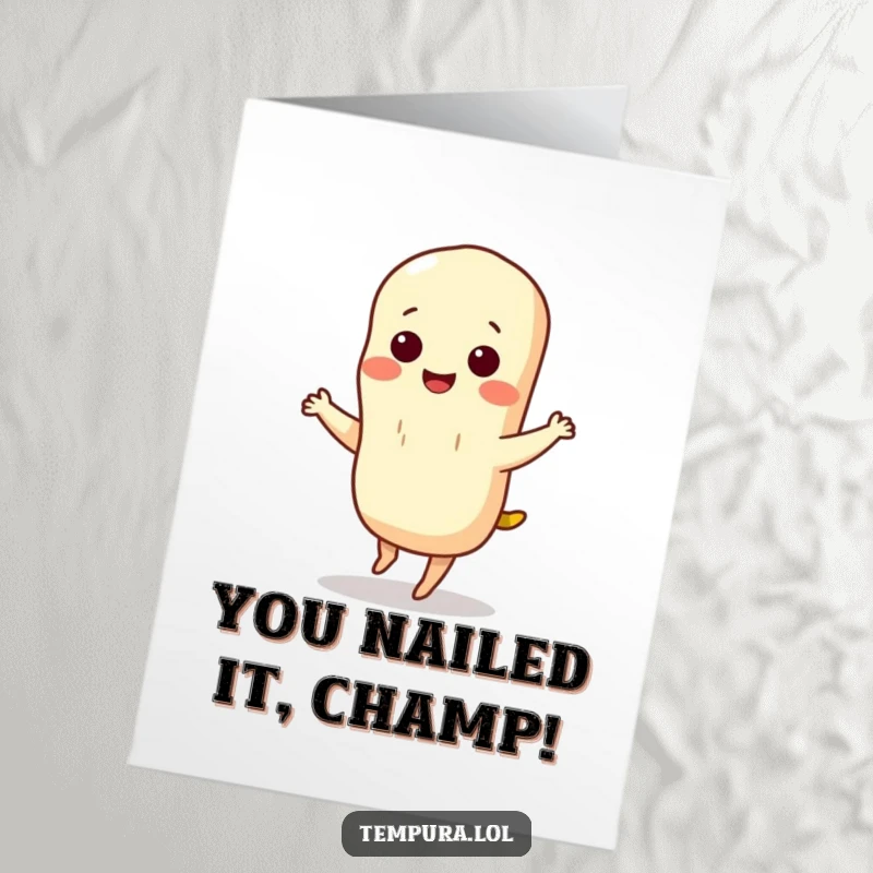 Free Printable Congratulations Card showing a happy tempura character performing a cute, silly dance to celebrate achievements.
