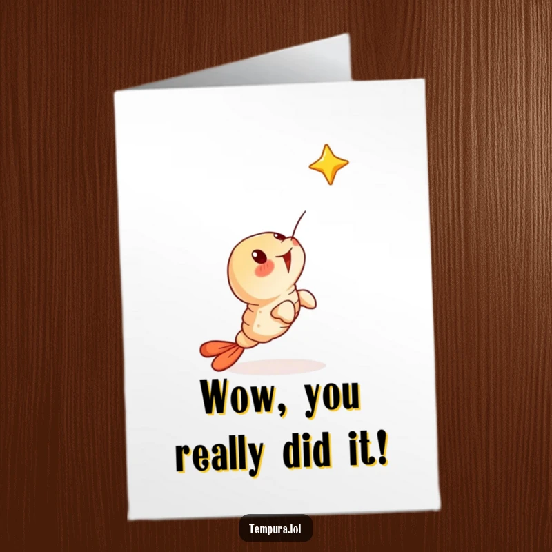 Funny Free Printable Congratulations Card: Tempura shrimp surprisedly looking up at a falling star, celebrating good fortune.