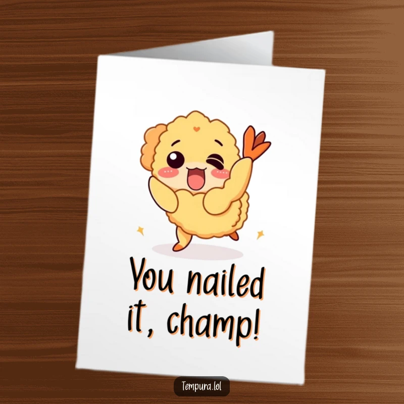 Funny Free Printable Congrats Card: A tempura shrimp comically trips, celebrating success in a hilarious downloadable style.