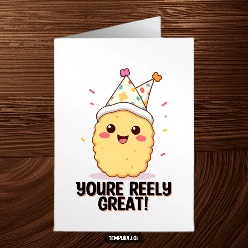 Funny Free Printable Congratulations Card with a smiling tempura character in a party hat, showering confetti for a grand celebration.