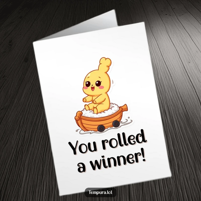 Funny Free Printable Congratulations Card depicting a tempura character playfully riding a small, rolling sushi boat, signifying a successful journey.