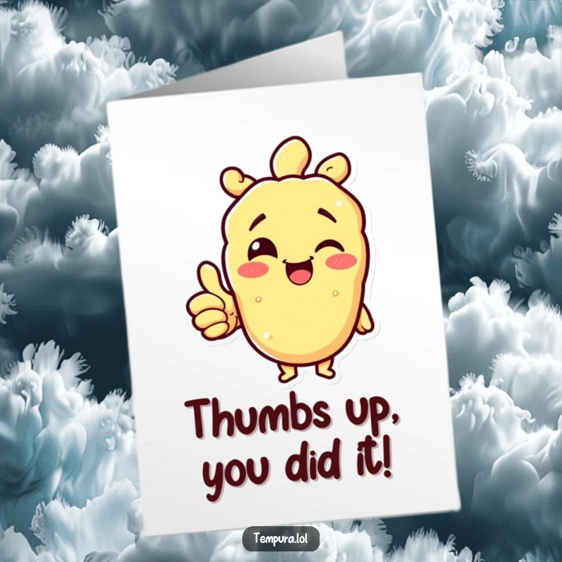 Funny Free Printable Congratulations Card showcasing a tempura character with a delightful wink, giving an enthusiastic thumbs up for a job well done.